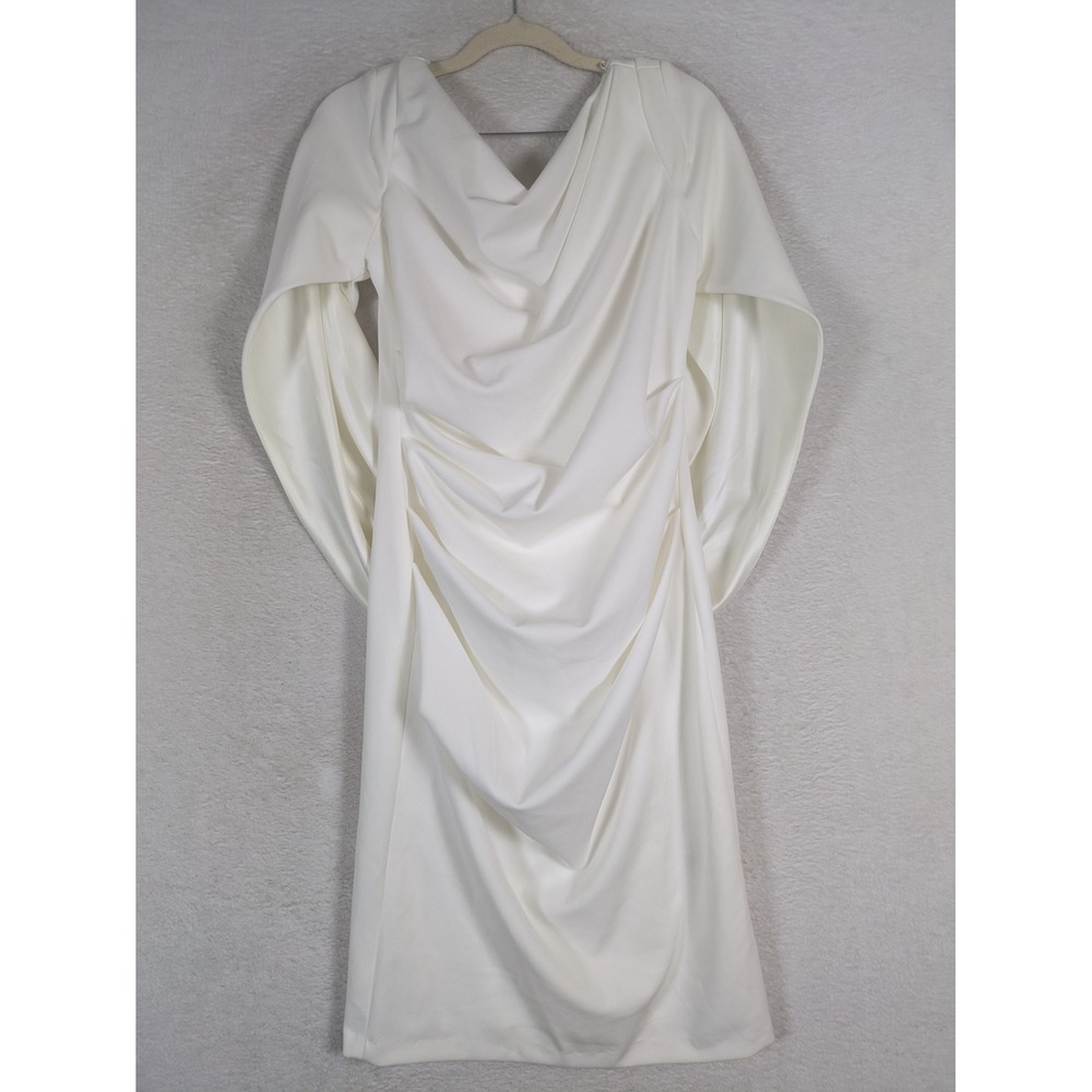 Betsy & Adam Sheath Dress Women's 6 White Draped Cape Sleeve Ruched Cowl